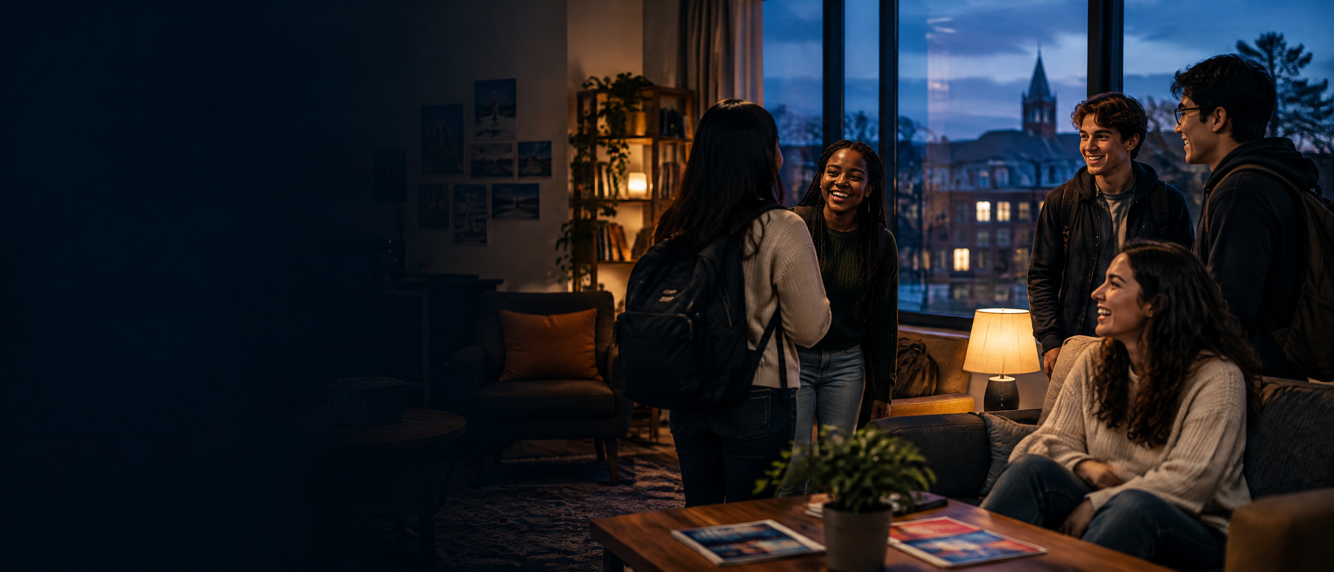 College students gathering in a warmly lit campus common room.